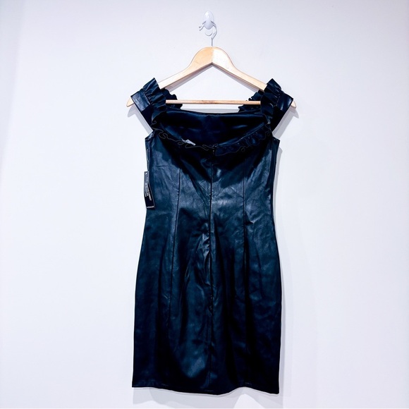 VENUS – Black faux leather off-shoulder mini dress with ruffle neckline * - Picture 6 of 6